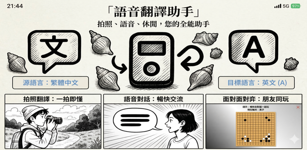 海螺AI翻譯功能介紹圖，展示拍照翻譯、語音對話與互動功能